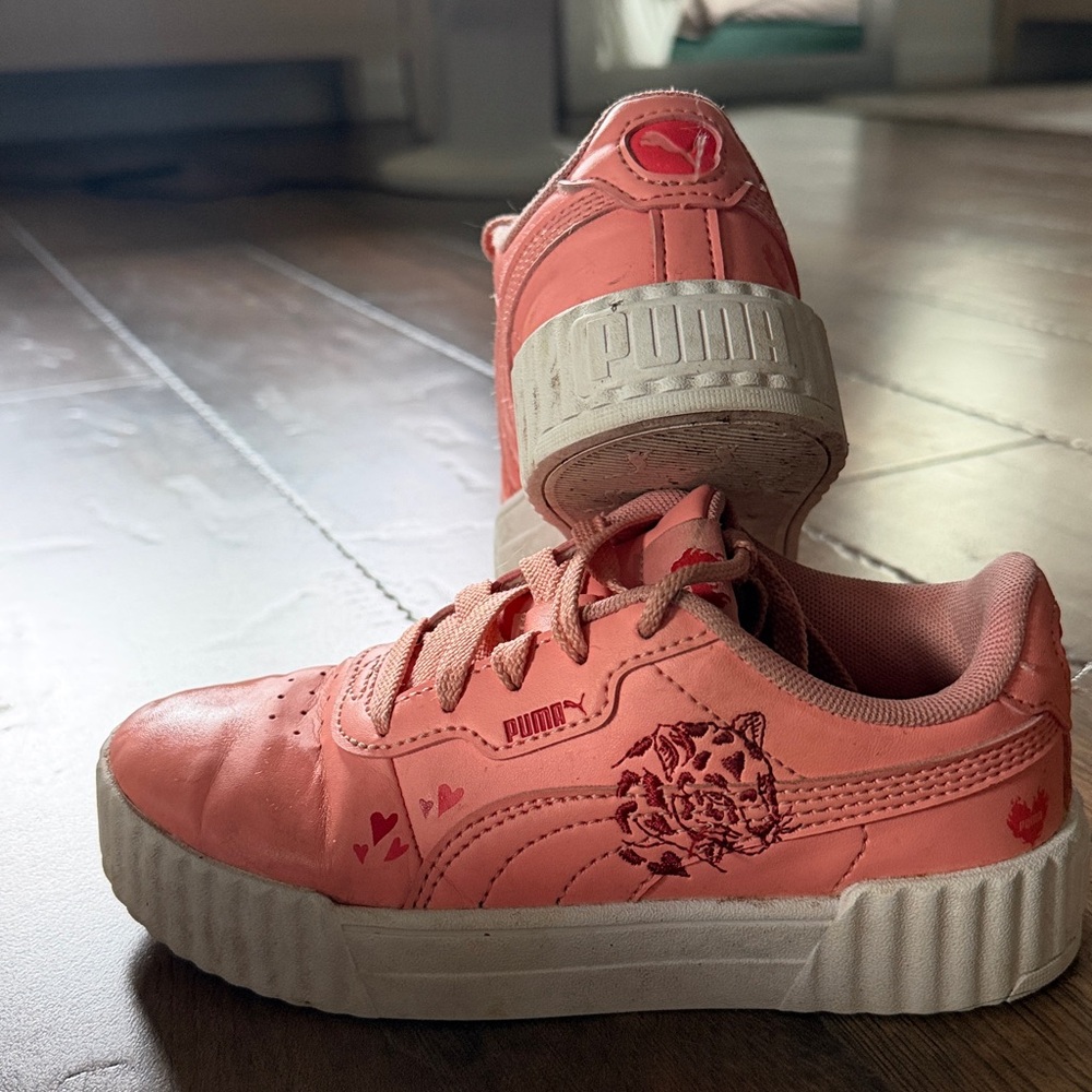 Puma Coral Sneakers with Heart and Tiger Motif, kids size 13c, gently worn